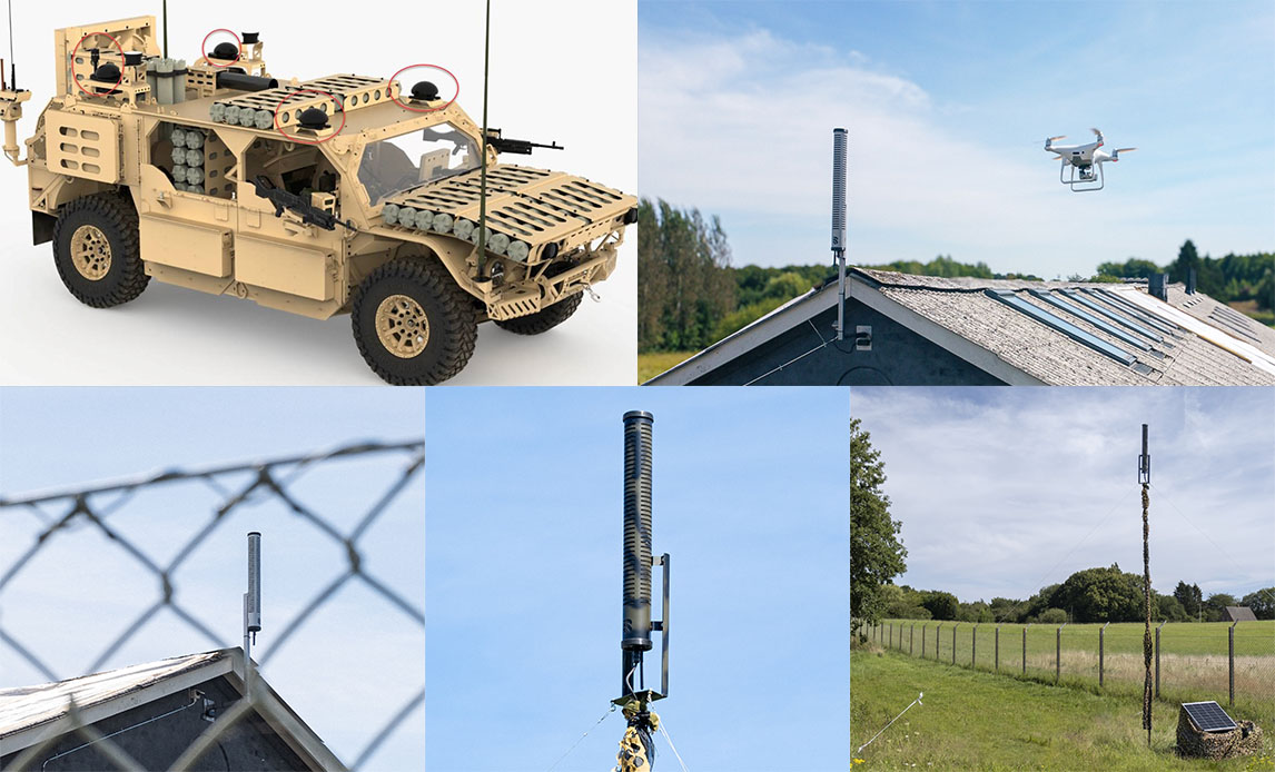 Eksempler på akustiske skuddetektorer (øverste, venstre) og dronedetektorer. Foto: Øverst tv, Precision Technic Defence, system Microflown (NL), resterende fotos - Bionic System Solutions